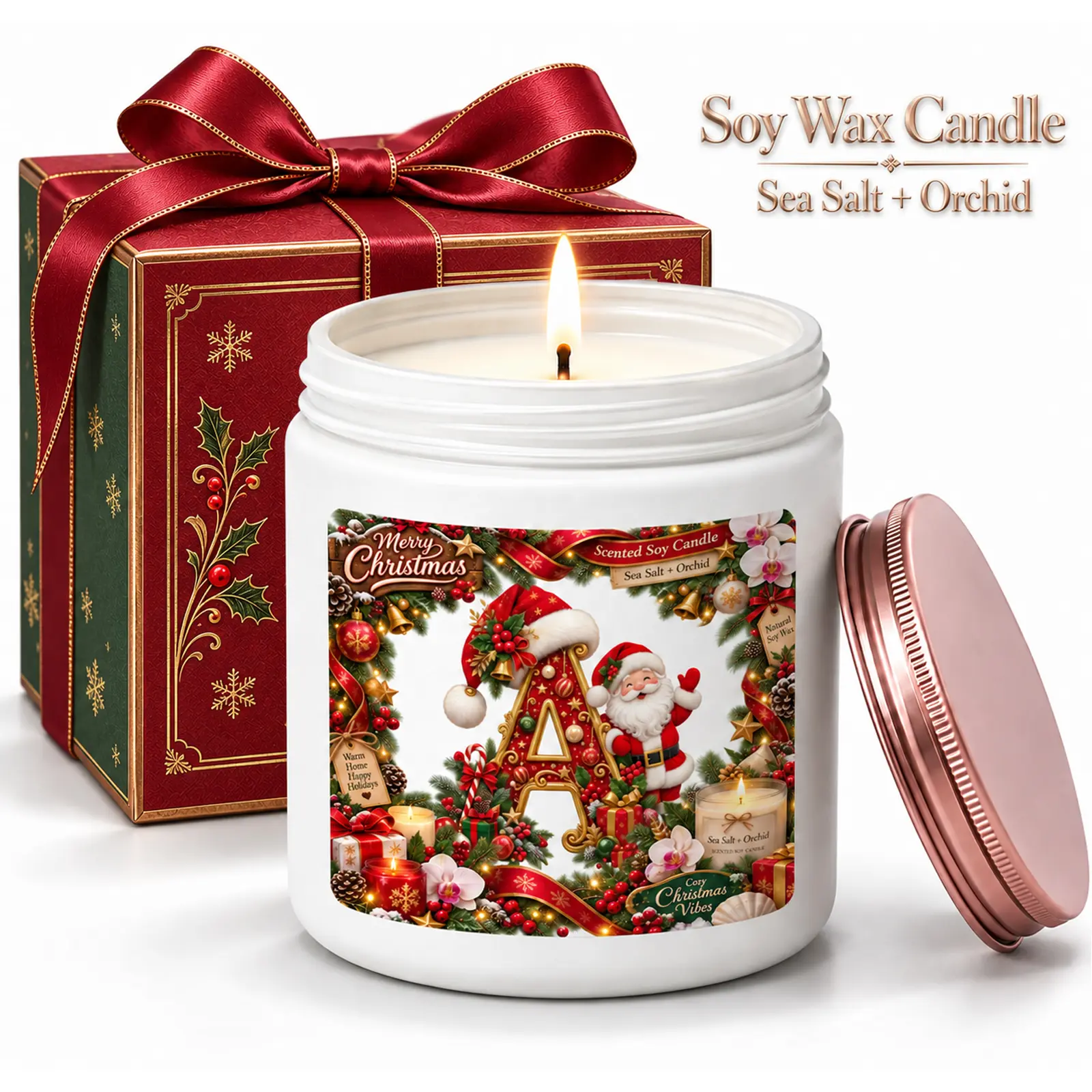 Christmas Initial Scented Soy Candle, A-Z Letter Candle With Festive Holiday, Christmas Soy Wax Candle, Personalized Style Monogram Home Decor, Cozy Winter Fragrance Gift For Women Mom Wife Sister Friends Family, Christmas Birthday Holiday Gift
