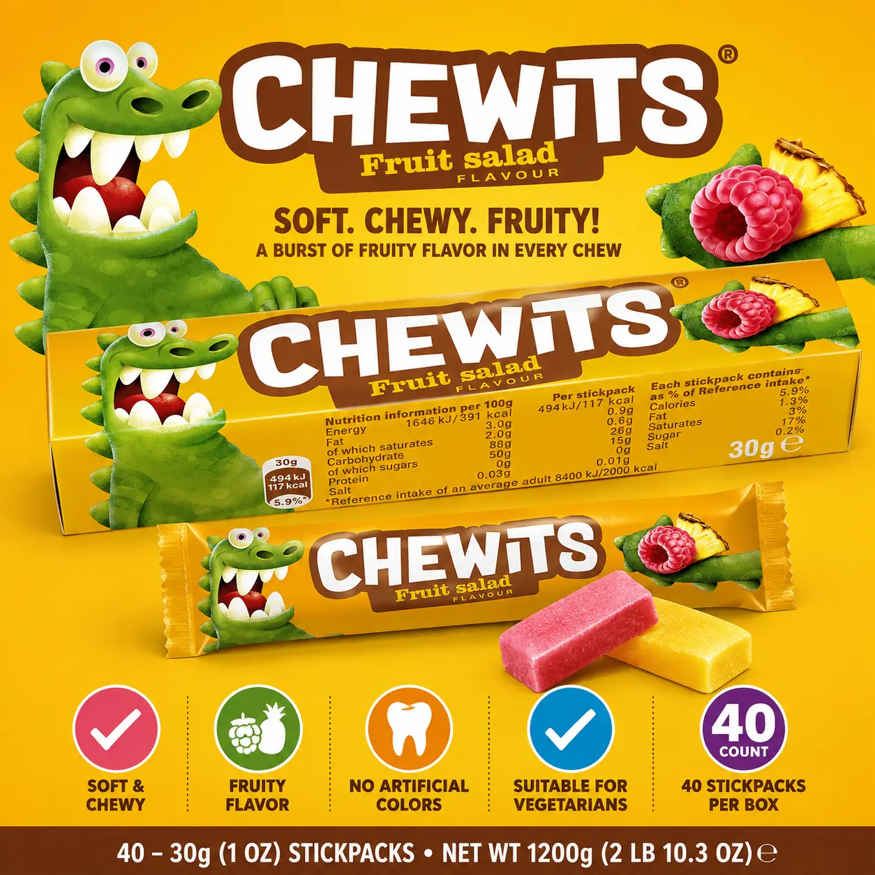 Chewits Fruit Salad Soft Chewy Candy 1 oz 40 Count UK Import Fruity Candy