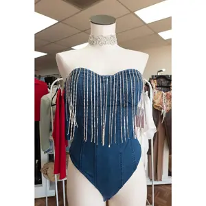 Denim - Rhinestone Fringe Bodysuit