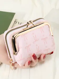 Fashionable women's elegant bow pattern printed zipper wallet, can be split and used with multiple card slots and multifunctional women's short wallet, Zipper Coin Purse, suitable for carrying around when going out