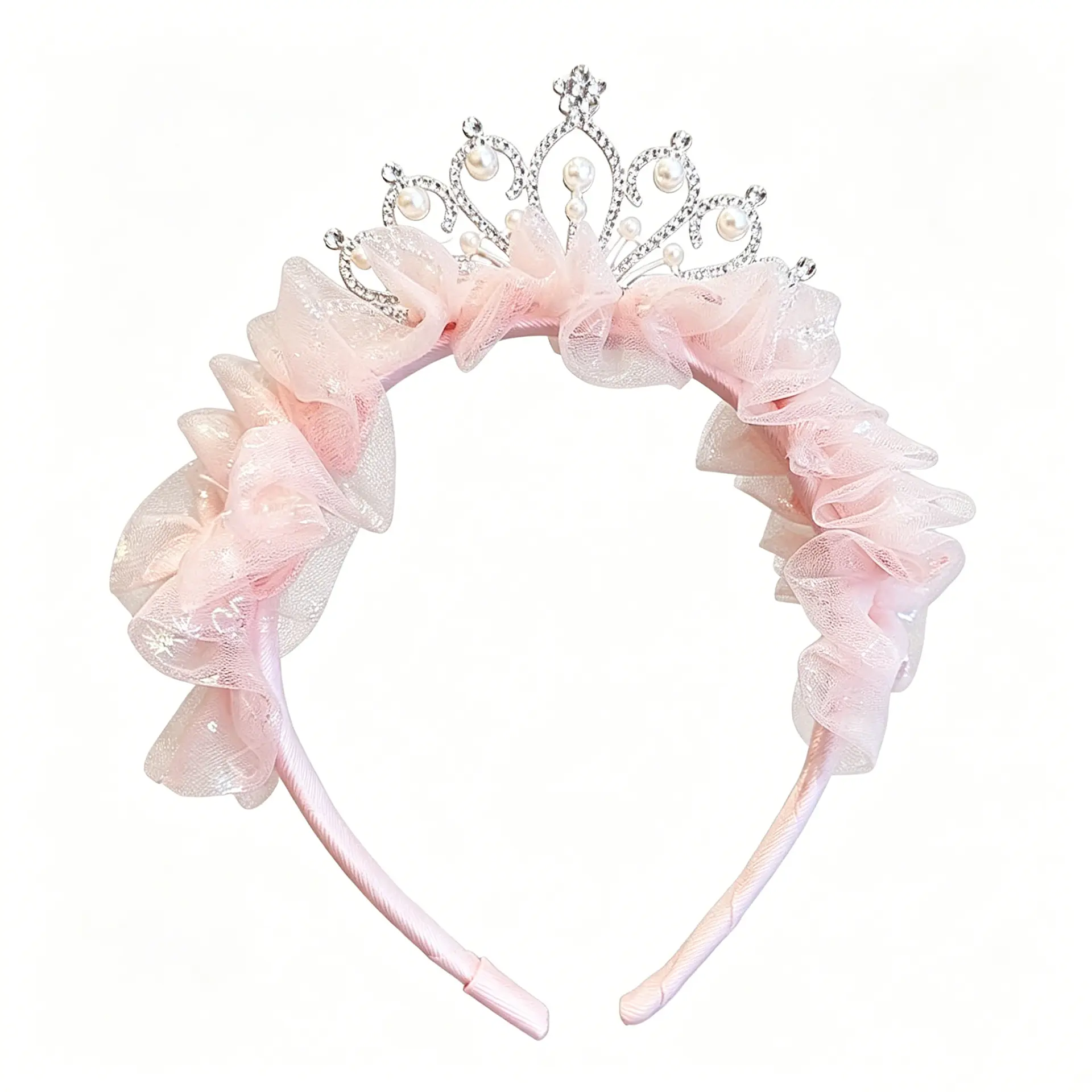 Girls' Princess Hair Bow Headband, Tulle Mesh Hair Accessory with Faux Pearl & Rhinestone Accents, Soft Padded Band with Elastic Edge for Parties, Pearl Hair Accessories