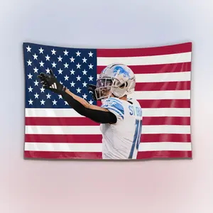 St. Brown USA Flag Tapestry, Vintage Patriotic Wall Hanging Decor, Football Wide Receiver American Flag Banner, Home Bedroom Sports Art, Gift for Fans