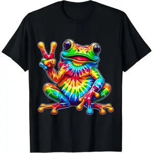 100% Cotton Tie-Dye Frog Peace Sign Hippie T-Shirt