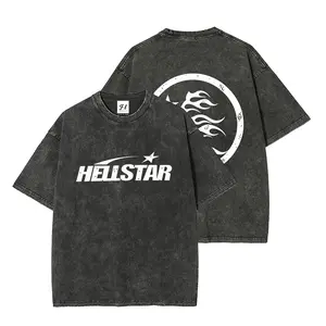 Hell Star With Fire Face Vintage Washed Oversized T Shirt 100% Cotton Dark Edgy Streetwear Loose Fit Casual Summer Top for Men Women