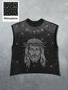 Men's Casual Vest, Sleeveless, Thorns Crown Jesus Rhinestone Print, Star Cross Embellished, Full Diamond Sparkling, Loose Fit, Breathable Fabric