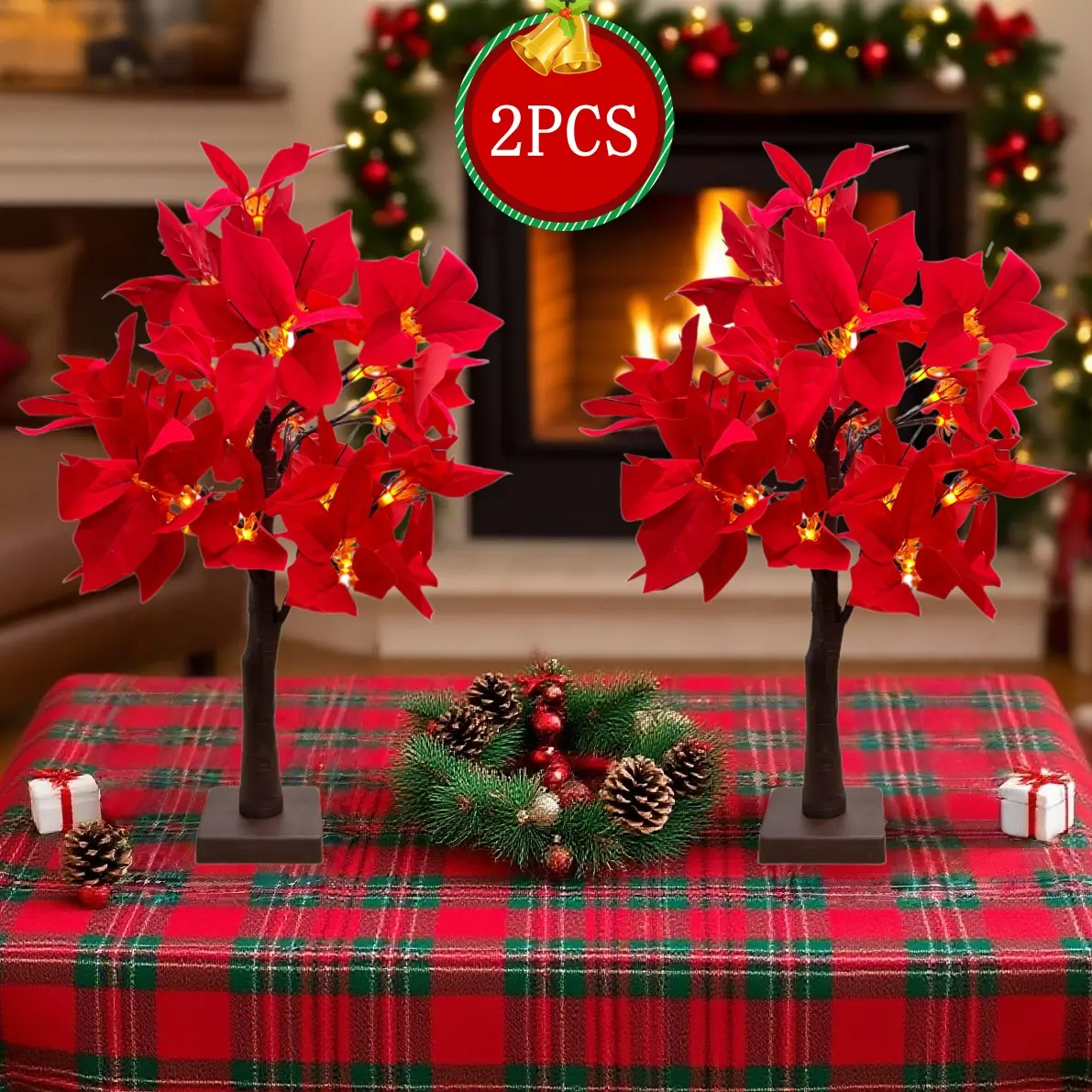 LED Red Flower Christmas Tree Decorative Lights - 1/2-Piece Set, Battery-Operated, Indoor Lighting, for Casual Festive Decorations, Living Room Centerpieces
