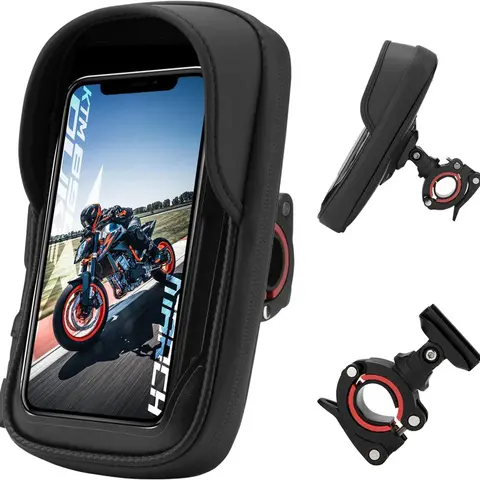 ROCKBROS Waterproof Motorcycle Phone Holder - Moto Accessories with Quick-Release Lock, Rain-Proof Zip, Carbon-Textured Finish, Polyurethane Handlebar Mount, 360-Degree Adjustable Dial, Hands-Free Use, Phone & Card Storage, Fits Most 6.2-Inch Smartphones