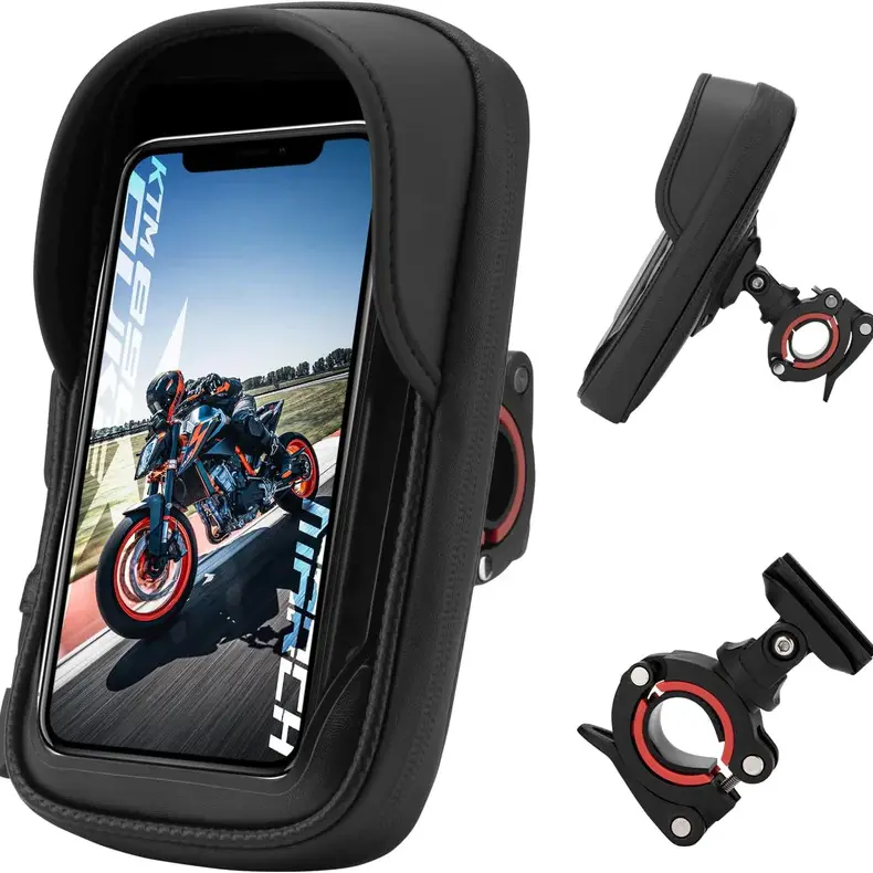 ROCKBROS Waterproof Motorcycle Phone Holder - Moto Accessories with Quick-Release Lock, Rain-Proof Zip, Carbon-Textured Finish, Polyurethane Handlebar Mount, 360-Degree Adjustable Dial, Hands-Free Use, Phone & Card Storage, Fits Most 6.2-Inch Smartphones