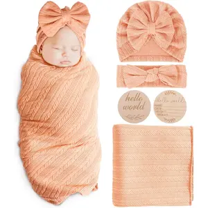 4-Piece Newborn Receiving Blanket Set with Bow Hat, Mittens & Wooden Milestone Card, Soft Wheat Pattern Baby Swaddle Wrap for Boys & Girls, Cozy Nursery & Baby Shower Gift