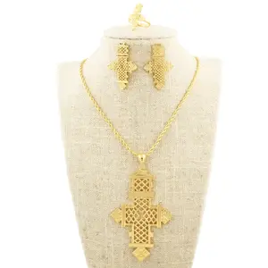 Ethiopian Orthodox Cross Jewelry Set – Lalibela Meskel Necklace, Rope Chain, Matching Earrings & Ring, Eritrean 3PC Set (24K Gold Plated)
