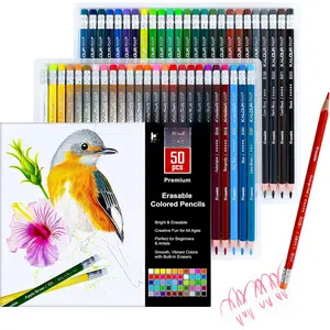50 Colors Erasable Colored Pencils Set - Easy to Erase, Vibrant and Smooth Coloring Pencils with Erasers - Ideal for Drawing, Sketching, and Coloring Books - for Adults Beginners Artists