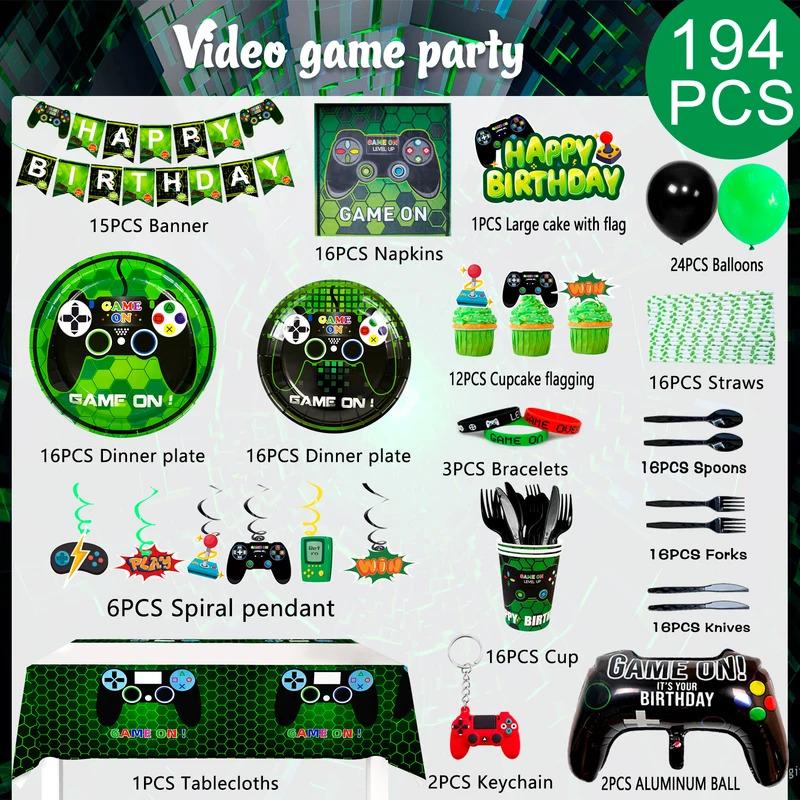 Video Game Birthday Party Decorations for Boys,194pcs Birthday Decorations&Tableware Set-Plates Cups Napkins Tablecloth Balloons