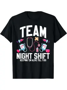 One cotton T-shirt for team night shift nurses - 100% cotton crew neck top with appliqués, casual knit fabric, slightly stretchy, regular fit for adults - suitable for sports, weekend leisure, outings, restaurants, training, running - all seasons.