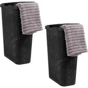 Slim Laundry Hamper with Lid, 40L Clothes Basket, Tapered with Ventilated Cutout Pattern,, Set of 2, Black