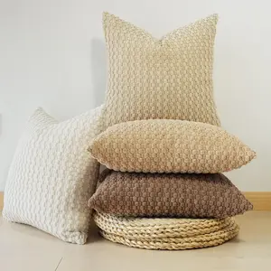 Neutral Decorative Pillow Cover, Farmhouse Bohemian Home Decoration Striped Corduroy Square Pillow Case, 18x18 Inches