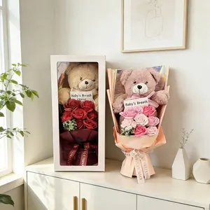 Artificial Rose Bouquet with Teddy Bear - Celebratory Anniversary Birthday Floral Gift Rose Bouquet for Mother's Day, Suitable for Occasions Like Mother's Day, Teacher's Day, and Birthdays