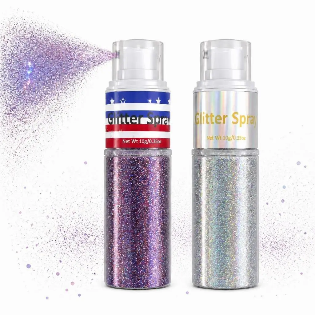 2Pcs Patriotic Lightweight Cosmetic Glitter Spray Bottles - Silver + National Flag Color Shimmer Powder for Hair & Body, Independence Day Costumes, Bedazzled Makeup, Full Coverage Beauty Accessory, Arts, Cruelty Free, Raves