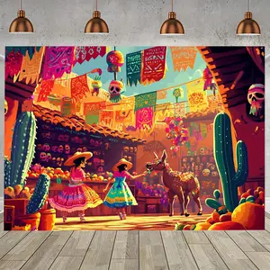 1pc Vibrant Papel Picado Fiesta Party Banner - Colorful Polyester Background with Traditional Mexican Scene for Classroom, Office Decor & Festive Photo Booths, Mexican Party Decorations Ornaments White