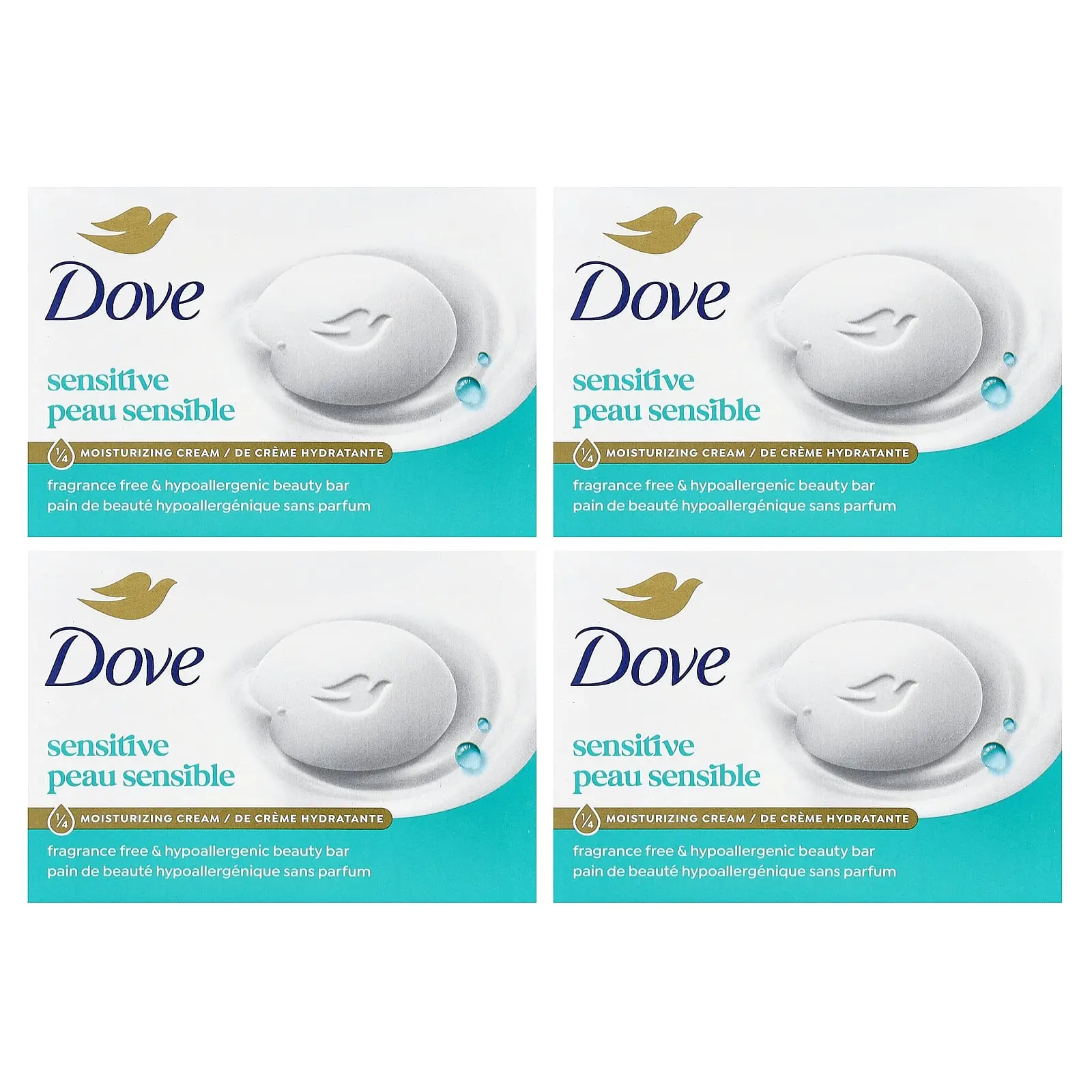 Dove Beauty Bar Soap, Sensitive, Fragrance Free, 4 Bars, 3.75 oz (106 g) Each