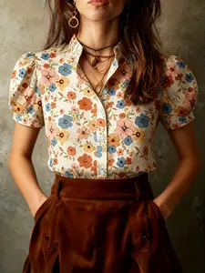 Women's Floral Print Bubble Sleeve Shirt, Vintage Boho Button Open Front Cardigan, Casual Stand Collar Short Sleeve Top