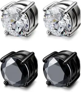 2 Pairs Magnetic Stainless Steel Stud Earrings for Men Women Non-piercing CZ Clip on CZ Earrings Hypoallergenic Black&Silver 6MM-8MM Cufflinks Diamond