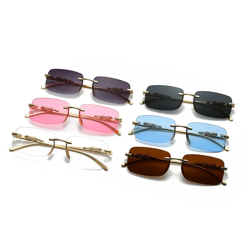 Women's Retro Rimless Sunglasses, Oversized Metal Statement Frames with Cheetah Animal Print Accent and Colorful Gradient Lenses, Sunglasses For Women, Modern Sunglasses, Stylish Accessories