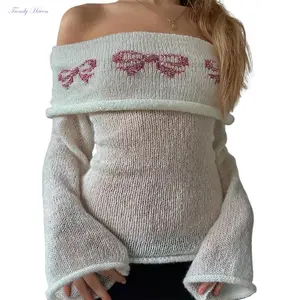Women's Off Shoulder Sweaters Chest Folding Boat Neck Long SleeveFit Casual Knitted Tops(gift)