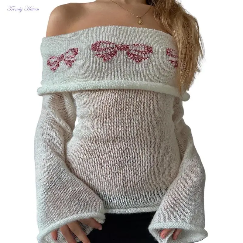 Lady's Fitted Knitting Sweaters - Off-Shoulder, Chest Folding Boat Neck, Longsleeves Casual Knitted Tops (Gift for Sports & Outdoor Activities), Knitwear, Basic, Female, Acrylic, Casual Wear, Letters, Women, Bow