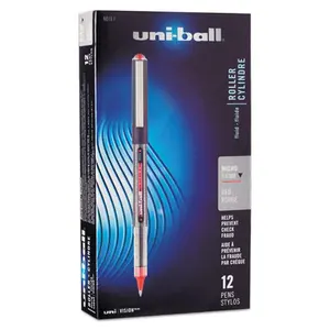 Uni-Ball UBC60117 0.5 mm Micro Red Ink, Gray & Red Barrel VISION Stick Roller Ball Pen - 1 Dozen