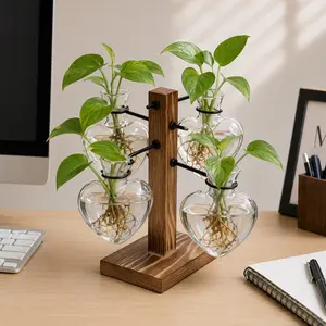 Wooden frame glass hydroponic vase, suitable for decorating homes, offices, and gardens with hydroponic plants; also a gardening gift (heart-shaped vase).