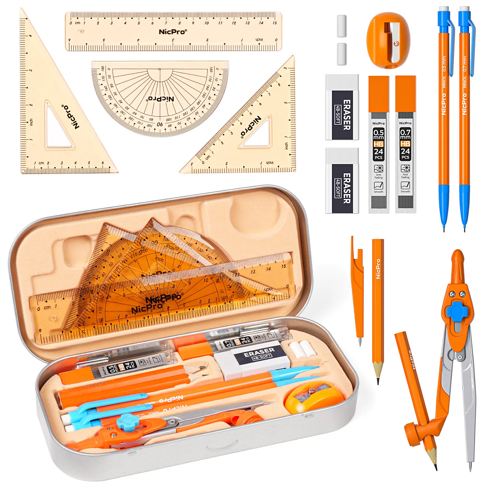 Nicpro 17-Pieces Compact Geometry Set with Durable Metal Tin - Dual Scales, Math Protractor, Mechanical Pencils, Lead Refills, Square for Teens' Class, Back to School Haul, Office Stationery