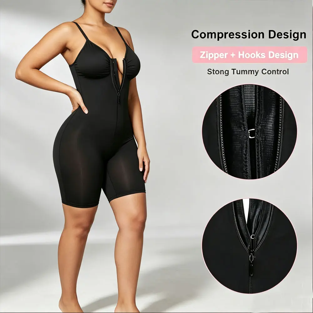 Women Spaghetti Strap Zip Up Hook Closure Bodysuit Shapewear Ultra Stretch Breathable Mesh Fabric Strong Tummy Control Compression Short Leg Shaper Custom Fit Daily Under Dresses