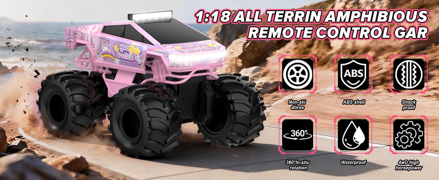 1:18 Pink Unicorn Amphibious RC Car for Girls, 2.4GHz Waterproof 4WD Off-Road Drift Stunt Remote Control Car with LED Lights, Birthday Christmas Gift Age 6+