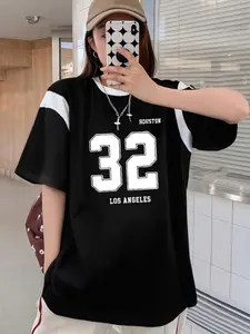 Unisex's Number Print Round Neck Tee, Casual Loose Oversize Baggy Oversized Letter Graphic Short Sleeve T-shirt for Summer, Fashion Women's Top for Daily Wear, Streetwear, Womenswear, Casual Basic Tees