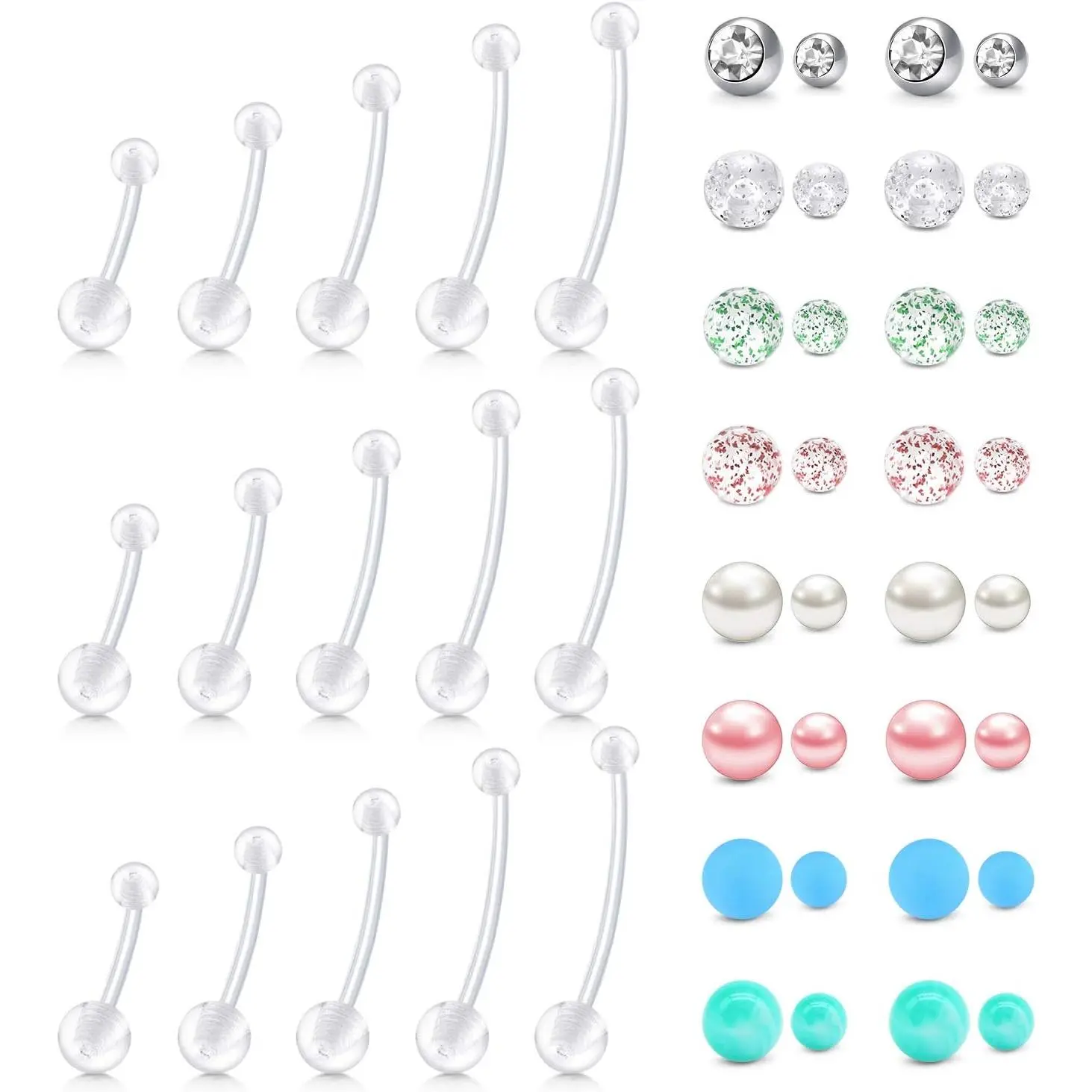 Plastic Pregnancy Belly Button Rings Long Bar Navel Rings for Maternity Sport Pregnant Women Flexible Clear Belly Piercing Retainer Different Length bar and Balls for Replacement 10-32mm