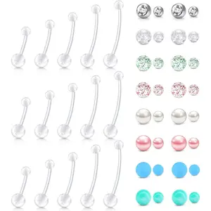 Plastic Pregnancy Belly Button Rings Long Bar Navel Rings for Maternity Sport Pregnant Women Flexible Clear Belly Piercing Retainer Different Length bar and Balls for Replacement 10-32mm