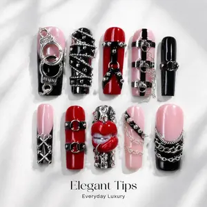 Press On Nails Medium Square 10 Pieces, Goth Punk Style Fake Nails with 3D Lip Charms, Handcuffs, Metal Chains, and Rivets, Red and Black Rocker Acrylic Nails for Party and Cosplay