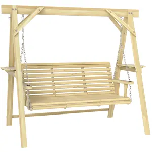 3-Seat Wooden Porch Swing with Stand and Side Tables, Outdoor Patio Swing for Garden, Backyard, Natural Wood Finish
