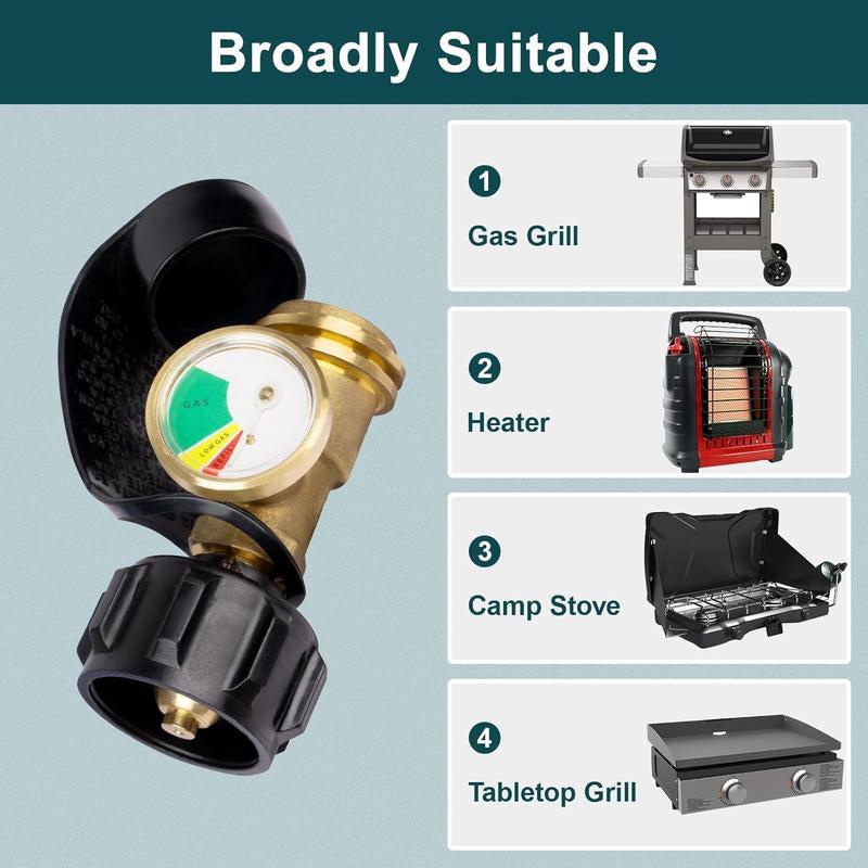 Propane Tank Level Indicator & QCC1 Adapter with Built-in Pressure Gauge – Solid Brass Gas Connector for 5–20lb Propane Tanks, BBQ Grill, Stove, Heater & Outdoor Use Propane Tank Level Indicator & QCC1 Adapter with Built-in Pressure Gauge – Solid Brass Gas Connector for 5–20lb Propane Tanks, BBQ Grill, Stove, Heater & Outdoor Use