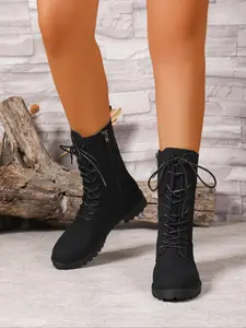 Women's mid-calf boots pair perfectly with skirts. The new mid-calf shoes are suitable for women, featuring side zippers and adjustable straps around the calf. They are ideal for street fashion, daily commuting, and casual wear. Round Toe Boots