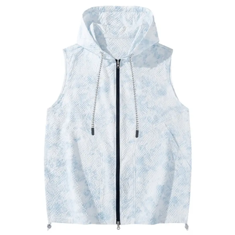 Men's Camouflage Tie-Dye Full-Zip Hooded Waistcoat, Lightweight Breathable Nylon Fiber Polyamide Sleeveless Athletic Outerwear, Quick-Dry Textured Casual Tops for Summer Outdoor Wear (Pairs with Jeans)