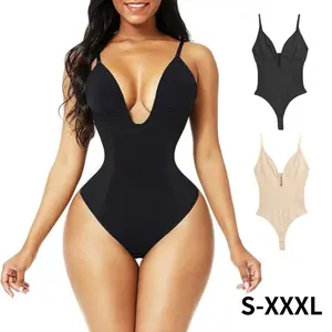 Women Tummy Control U Plunge Backless Full Body Shapewear Mid Thigh Mesh strapless Bodysuit Top