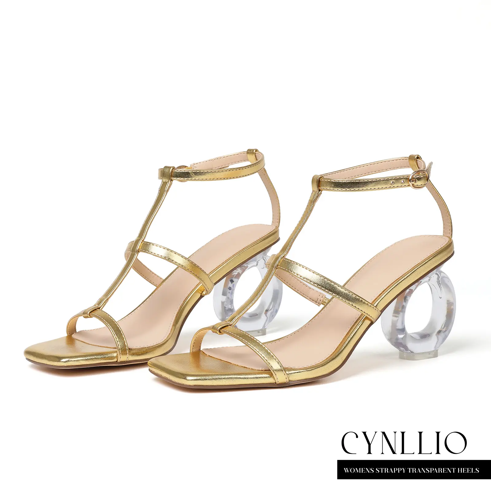 CYNLLIO Womens T-Strap Sandals Open Square Toe Clear Sculptural Round Loop Heel Adjustable Ankle Strap Fashionable Dress Party Weddings Outings Dating Summer Strappy Sandal Heels