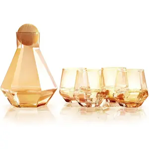 Wine Decanter Set with Four Glasses Premium Amber Decanter for Men & Women Durable Wood Stopper Ideal Bourbon Gift Set
