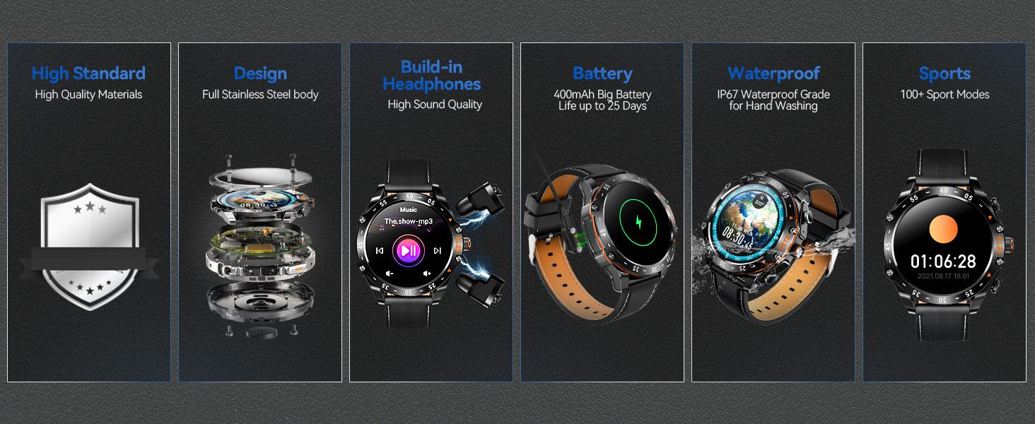 Smart Watch for Men with Earbuds, 2 in 1 Wireless Calling Smartwatch Can Answer & Make Calls, IP67 Waterproof, 100+ Sports Modes, Massive Dials, Practical Functions & Notification Alert, Compatible with iOS Android, Perfect Gifts