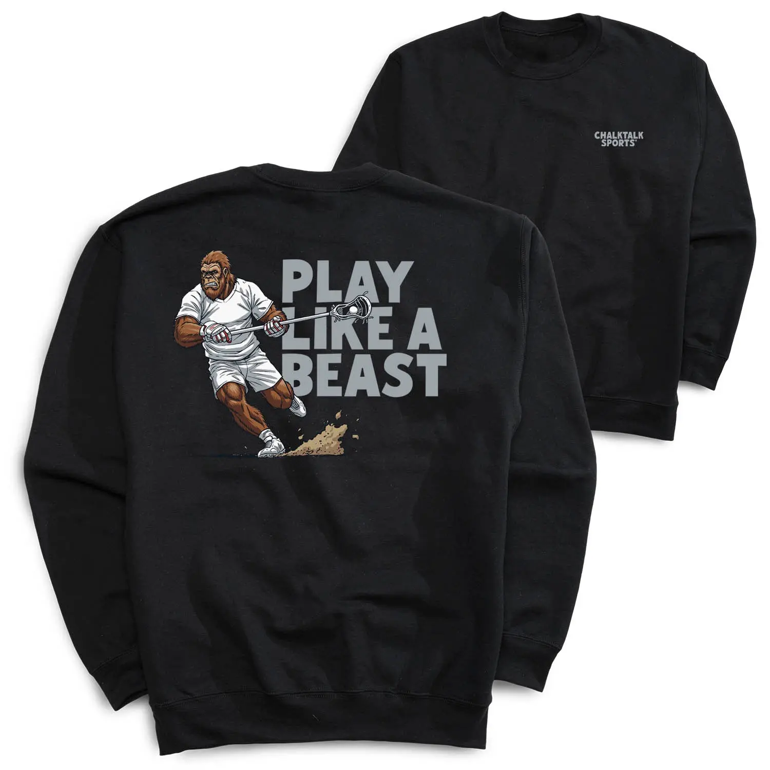 Men's Lacrosse Crew Neck Pullover Sweatshirt - Classic Cotton-Blend Day Tops for Fans, All Seasons, with Spandex, Ribbed Trim, Bold Graphic Print, "Play Like a Beast" Back Statement, Pill-Resistant Yarn for Practices, Menswear Layer