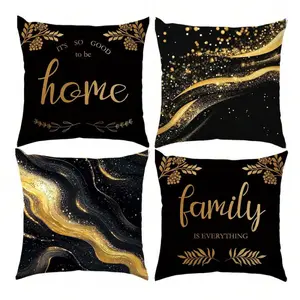 4pcs Black & Gold Marble Texture Home Decorative Pillow Covers, Single-Sided Printed Velvet Material, 45*45/40*40/50*50CM Cushion Covers Suitable For Modern Minimalist Sofa, Living Room Decor, Family, Gifts, Party Decoration