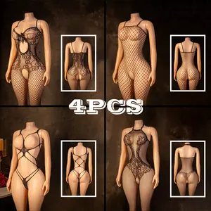 Elegant 4pcs Women's Bodysuit & Sexy Lace Lingerie Set Black Mesh Corset Red Lace Black Fishnet garter Basic Minimalist Intimate Apparel Seductive Clothing Pieces Womenswear Mixed Color babydoll sexy lingerie set floral christmas Teddy Halter Halter Neck