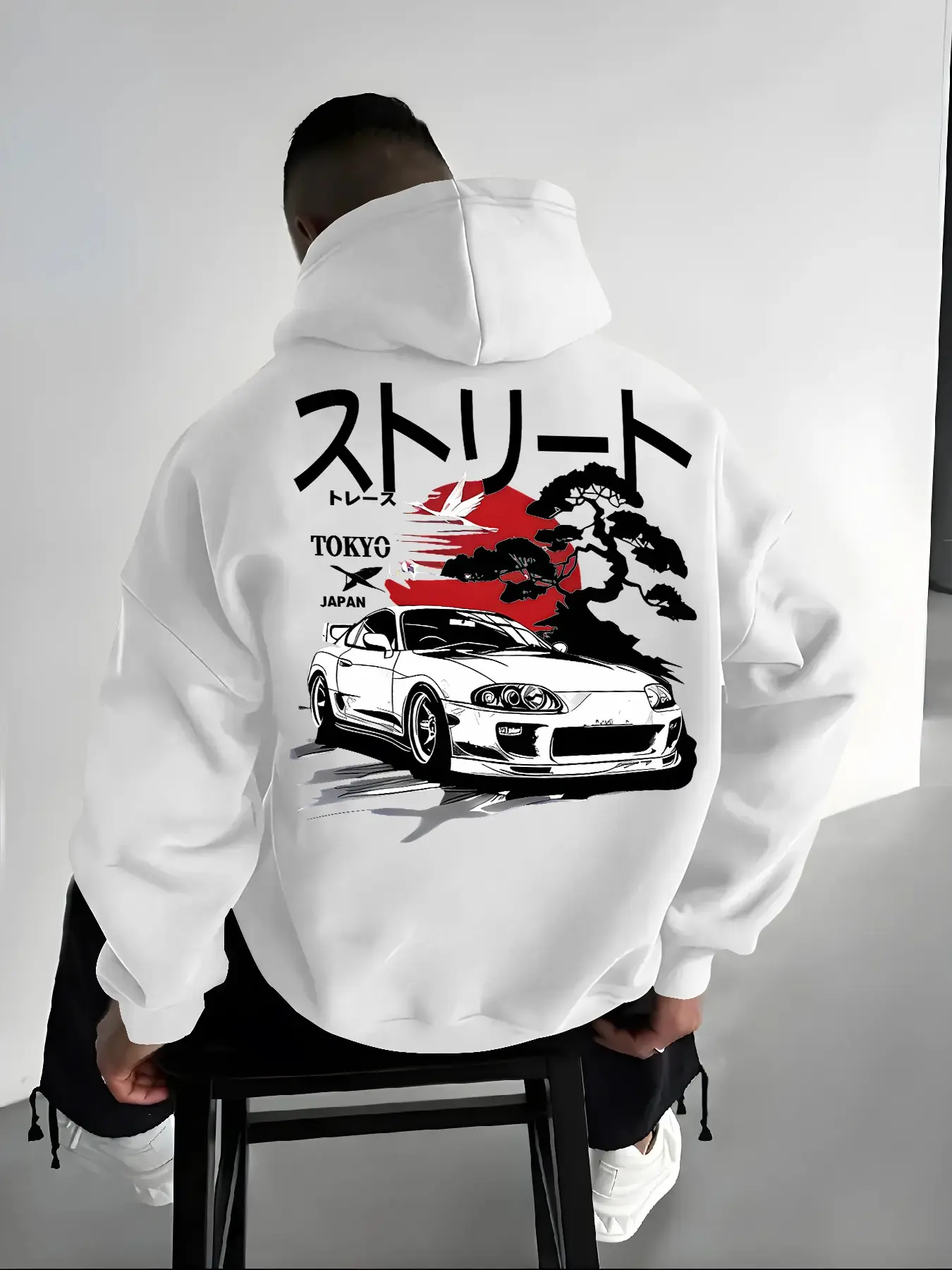 Men's Tokyo Drift Oversize Printed Hoodie, Graphic Hoodie, Oversized, Melding Japanese Street Style with Jdm Car Culture, Casual Wear for Daily Outings and Car Meets, Menswear