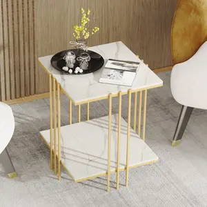 2 Tiers Living Room Side End Table Sintered Stone Tabletop Marble-like